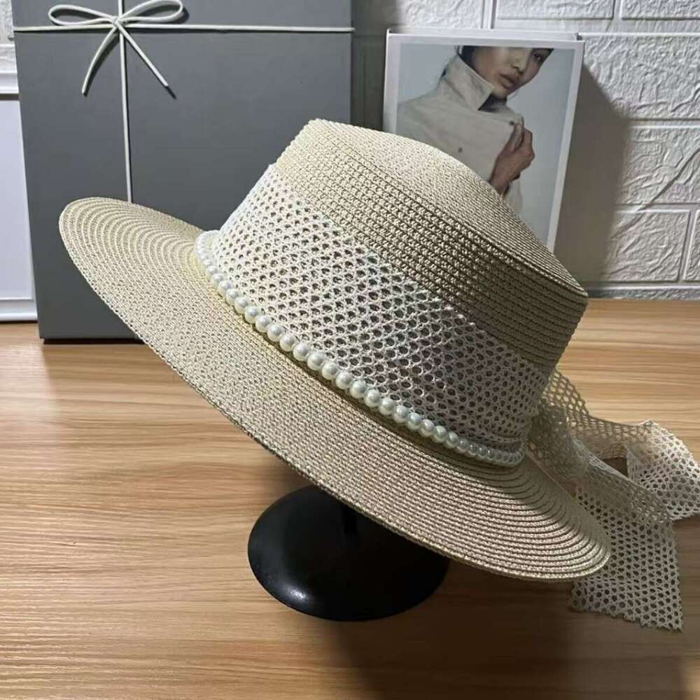 Korean-style lace ribbon pearl chain fashion flat-top hat for women, summer casual sunshade straw Design protection Dainty sun hat, trendy