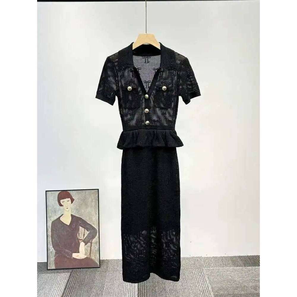 Knitted Hollow Out Midi Dress Viscose Nylon Boho Beach Calf Length Straight Hem Summer Ruffled Trim Mdng260330