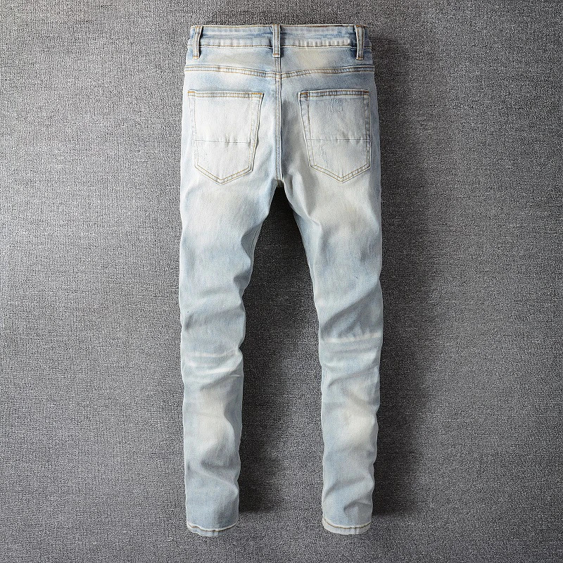 Men Crystal Holes Ripped Patchwork Jeans Streetwear Light Blue Denim Slim Skinny Pencil Pants Trousers 260327
