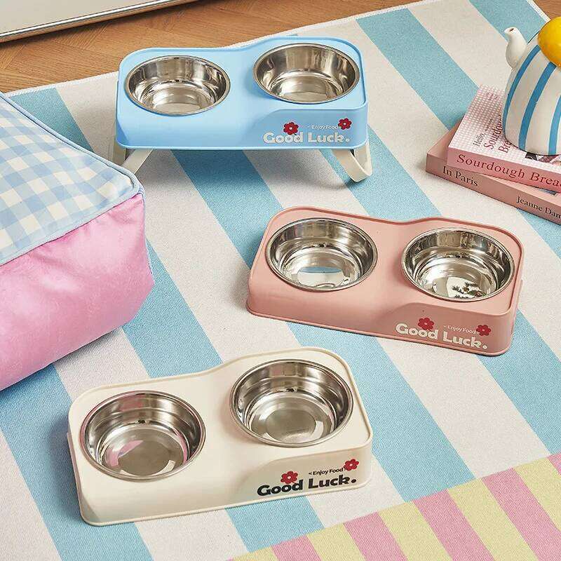 Stainless steel double-bowl elevated pet feeding bowl with non-slip foldable stand suitable for small to medium dogs and cats 26W0330