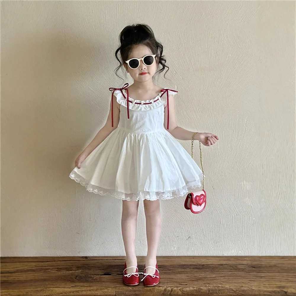 Girls Summer New Style French Ruffled Sleeveless Lace Vest Princess Dress for Children Girls Birthday White DressT260330