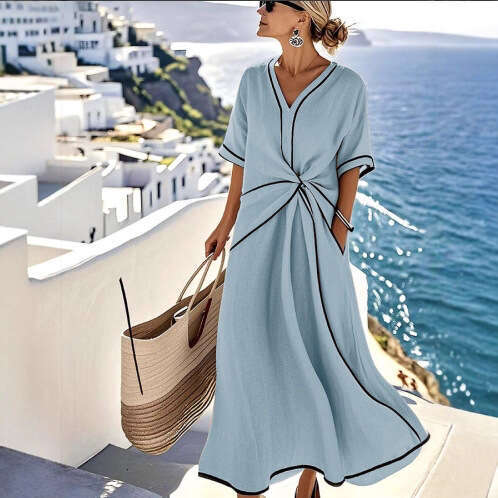 European and American Amazon V-neck Fashion Elegant Commuter Striped Dress Printed Women's
