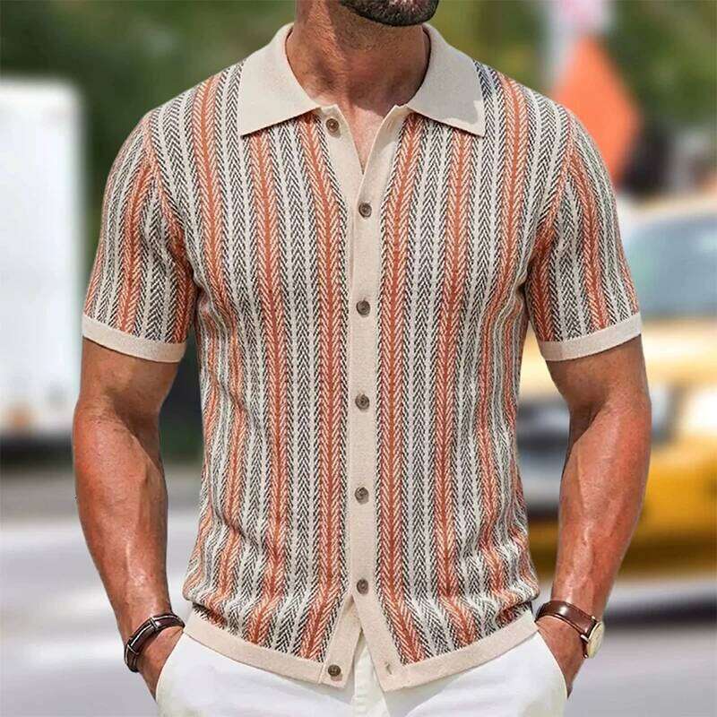 Summer Men Knitted Cardigan Short Sleeve Striped Shirts Fashion Jacquarded Blouse American Retro Premium Quality Knitwear M-3Xl