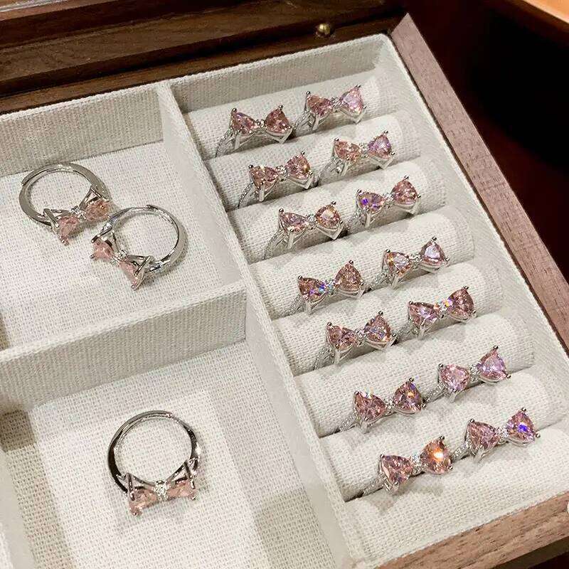 Ring Pink Bow Zircon Women New Niche Design Summer Adjustable Open Ring For Index Finger Visionice