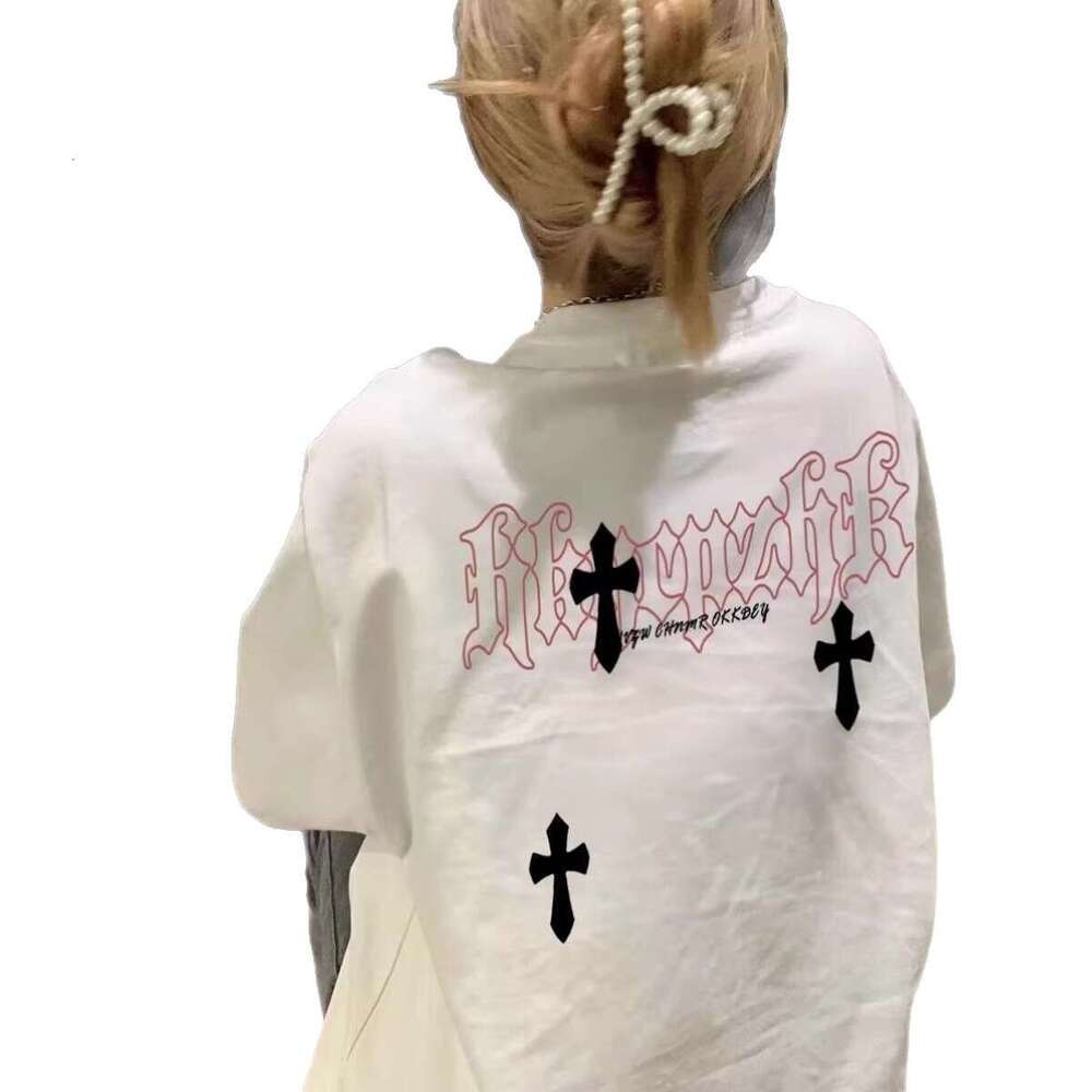 American Retro Cross Print Oversized Short-Sleeve T-Shirt For Men And Women Plus-Size Summer Loose Trendy High Street Couple's Top
