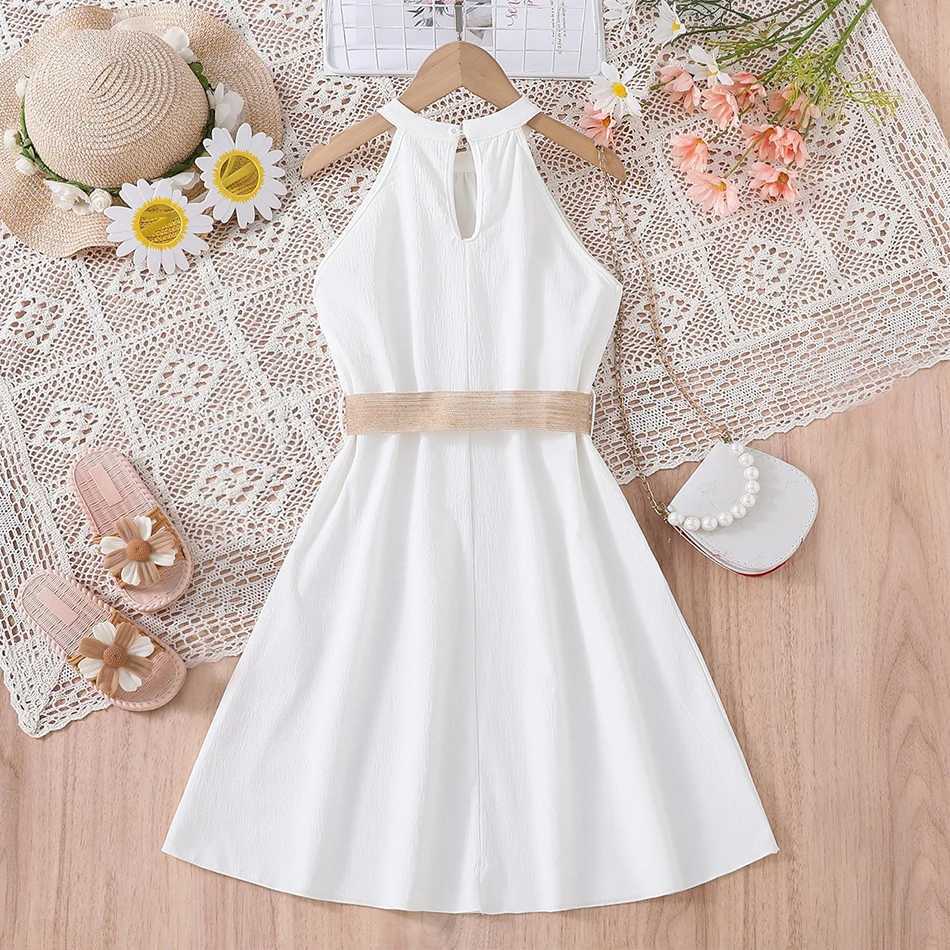 Elegant Summer Princess Dress for Teen Girls with Halter Neck and Off-Shoulder Children Sleeveless Casual Clothes with BeltT260330
