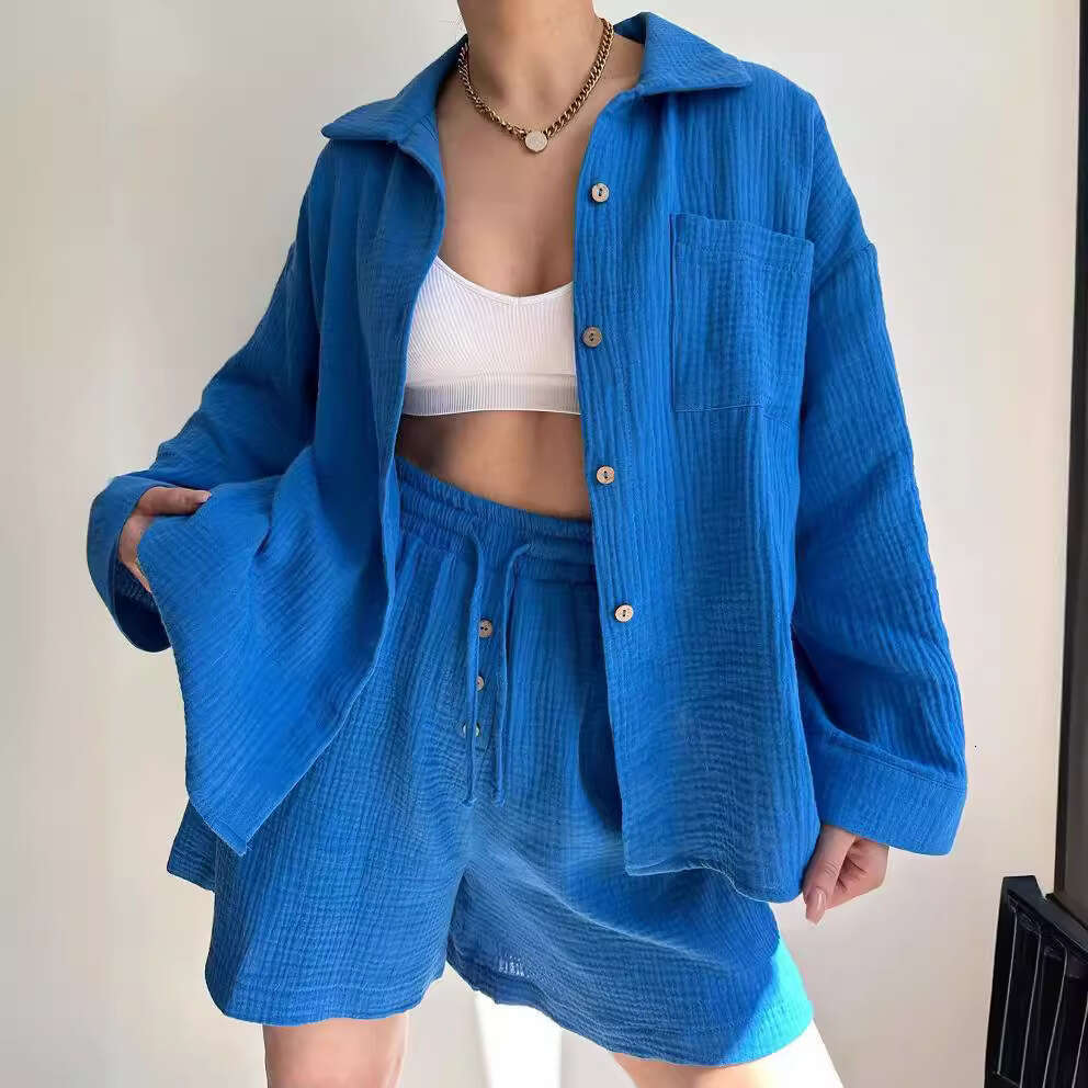 2026 European American women's fashion wrinkled fabric collared long-sleeve shirt and high-waisted drawstring shorts stylish casual two-piece set