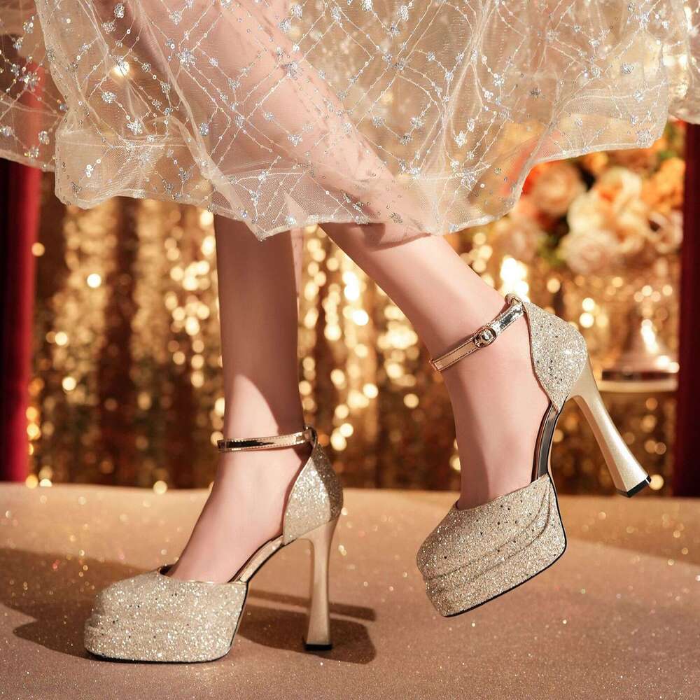 2026 Women Wedding Chunky Heel Glitter Waterproof Platform Mary Jane Lolita Hollow Dress Shoes High Heels