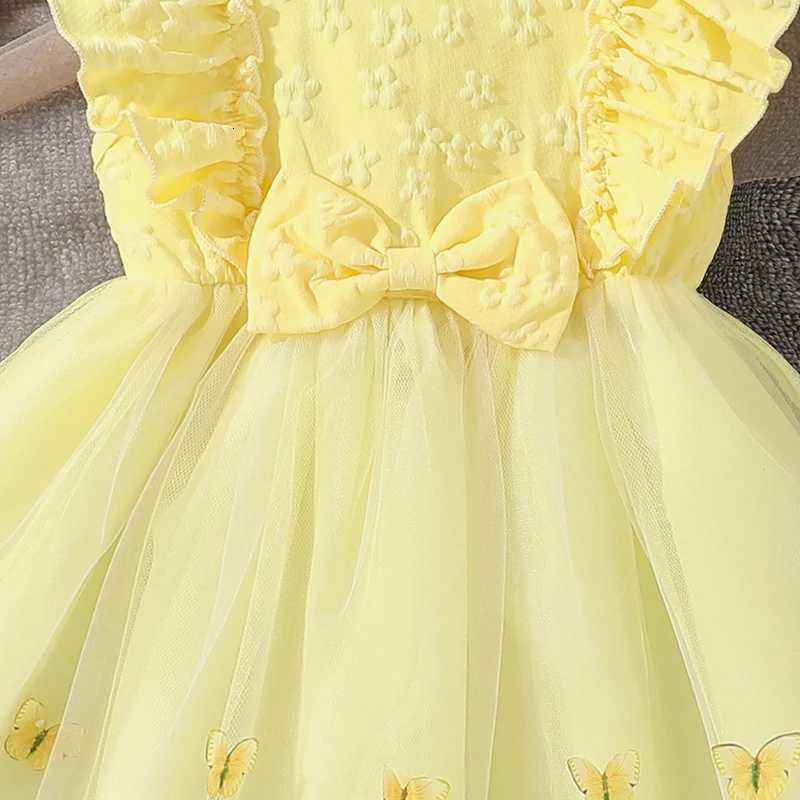 Dress For Girls Yellow O-Neck Fly-Sleeve Tulle Bowknot 8-12 Years Summer Elegant Sweet Style Princess Dress kids ClothingT260330