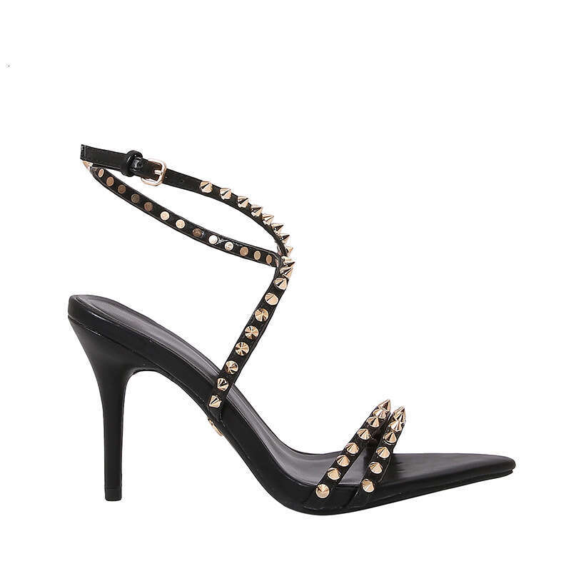 2026 Summer New Black Rivet French Style Elegant Design Shoe High Heel Pointed Toe Sexy One-Strap Sandals