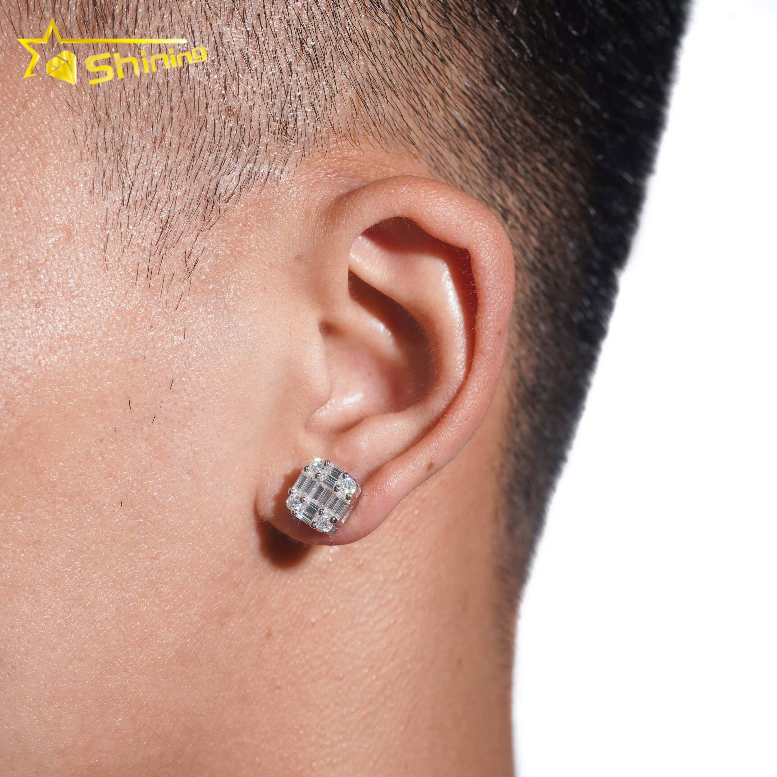 New Arrival Hip Hop Design Baguette Diamond VVS Iced Out Moissanite Stud Earrings for Men