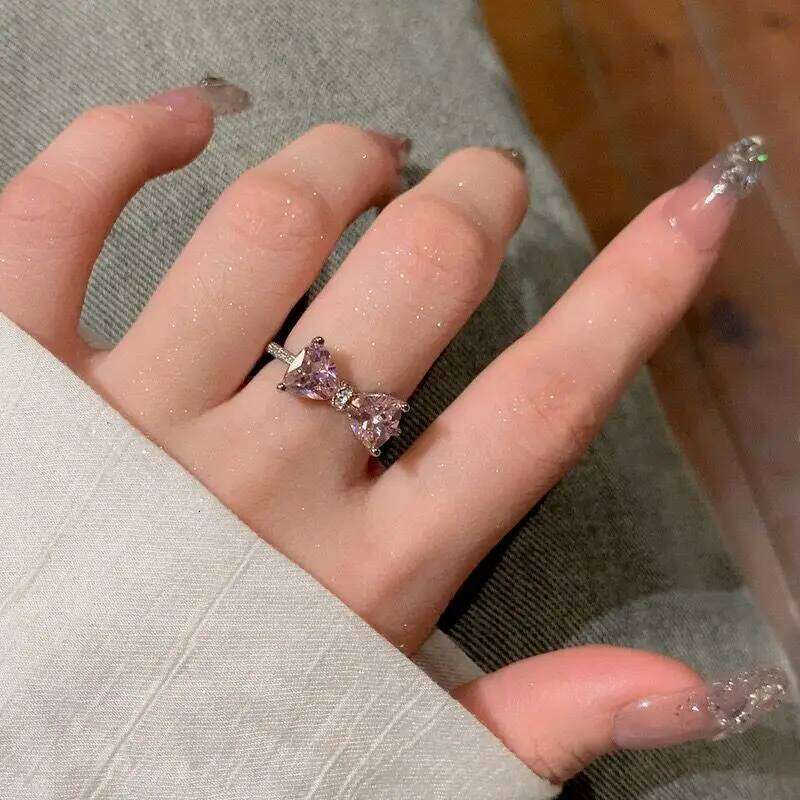 Ring Pink Bow Zircon Women New Niche Design Summer Adjustable Open Ring For Index Finger Visionice