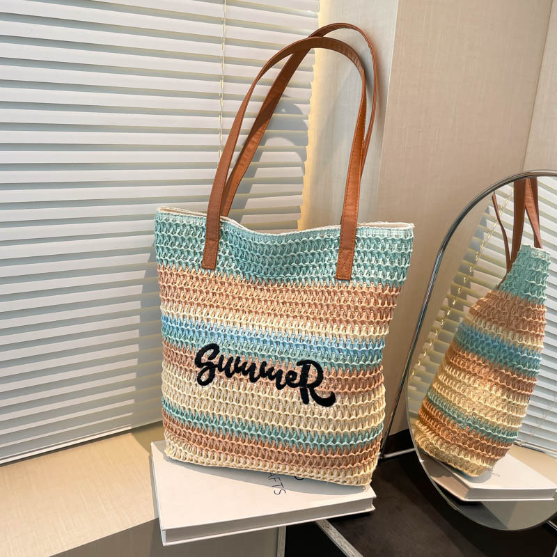 Free Shipping High Value Rainbow Striped Straw Tote Bag for Women Summer Beach Handbag Large Capacity Shoulder Bag