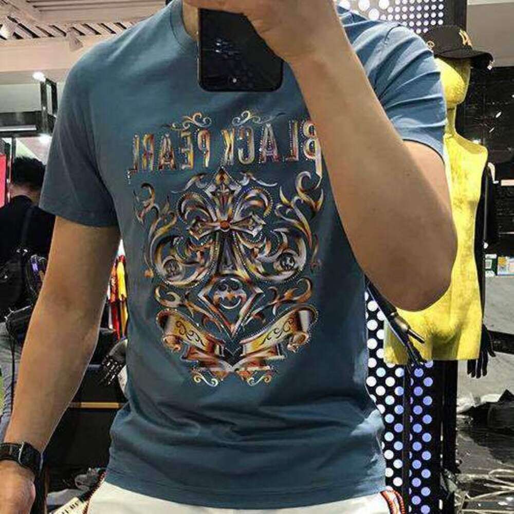 European Station Summer Mercerized Cotton Short T-Shirt Men's Totem Trendy Rhinestone Embroidery Half Sleeve Top Plus Size Ins