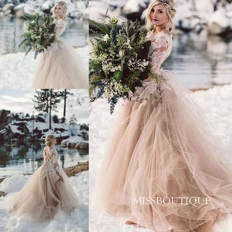 Champagne Lace Beach Wedding Dresses With Long Sleeves Tulle Backless Fairy Tale Bride Gowns Vestido De Noiva D0330