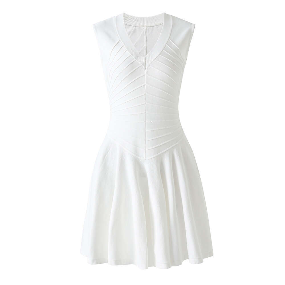 2026 Spring and Summer New Designer 3D Striped Small q26 V-neck Sleeveless Tank Top Off Shoulder European and American Short Skirt