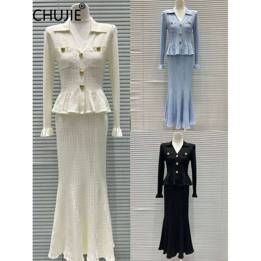 Fall French Style V-Neck Ruffle Blouse & Skirt Set, Slim Fit Elegant 2 Piece Office Outfit, Viscose + Nylon Blend Mdng260330