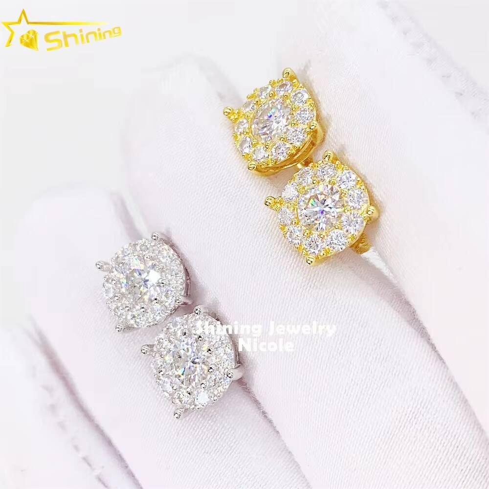 High Quality Iced Out 925 Sterling Silver Jewelry Screw Back Mens Moissanite Stud Earrings
