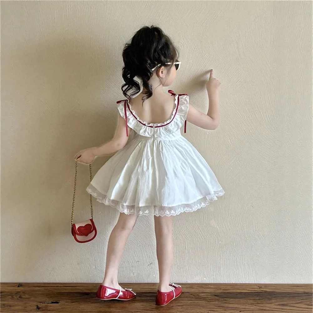 Girls Summer New Style French Ruffled Sleeveless Lace Vest Princess Dress for Children Girls Birthday White DressT260330