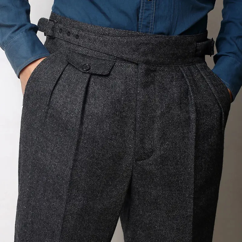 2026 Autumn Winter Woolen Business Suit Pants Men High Waist Streetwear Casual Herringbone Straight Suit Pant Q20 260327