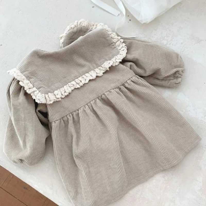 Baby Girl Corduroy Princess Dress Solid Lace Long Sleeve Dress Spring Autumn Children Retro Casual Loose Dresses Kids OutfitsT260330