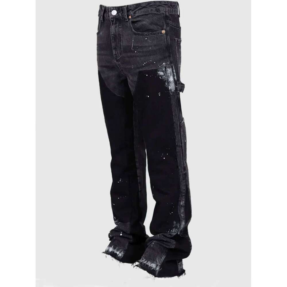 Men's Jeans Work Pants, European and American Fashion Workwear Elastic Patchwork Denim Layered Flared Pants S-XXL 26Y0330