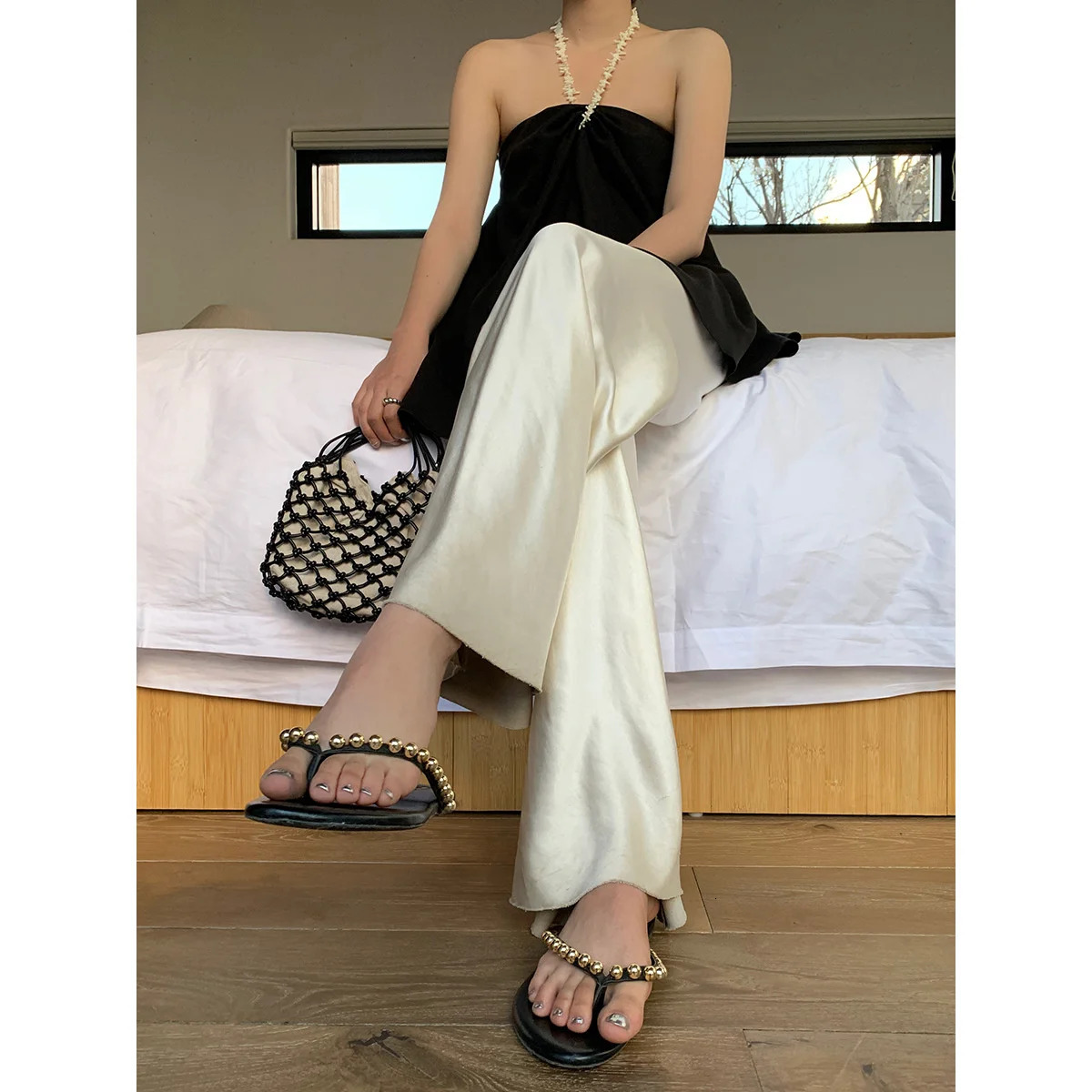 Satin Wide Leg Pants Long Floor Casual Pants Womens Summer 260325