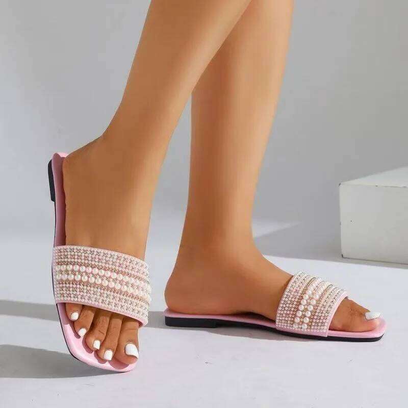 Pearl Decorated Round Headed Flat Bottom Women's Slippers 2025 Summer Casual Simple Versatile Open Toe Comfortable Sandals
