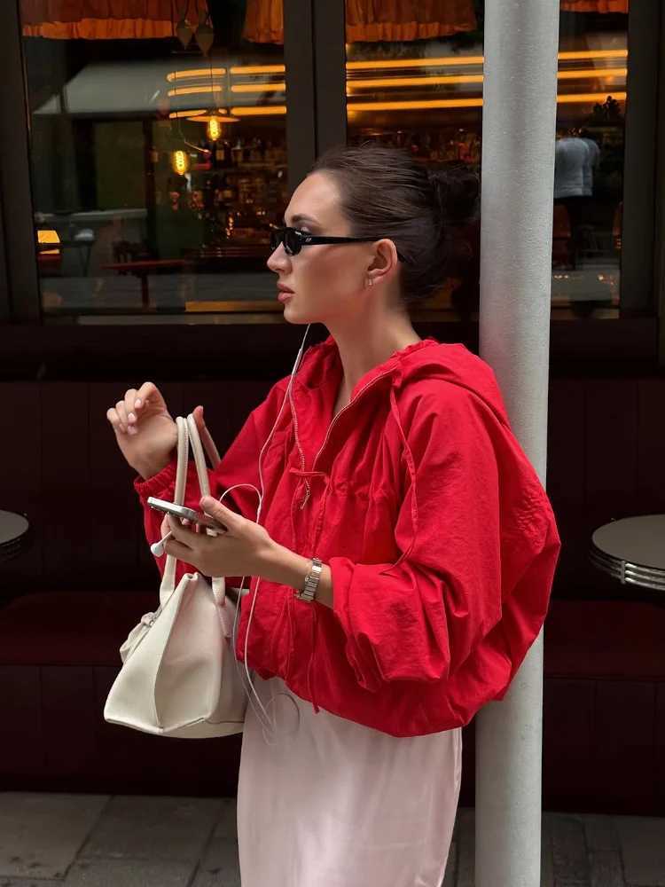 Chic Hooded Womens Jacket Zippers Full Sleeve Stand Collar Lace Up Loose Lady Coat 2026 Spring Fashion Female Street OuterwearT260328