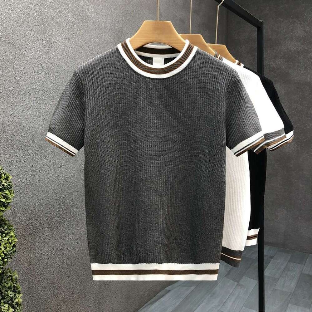 luxury Summer New Style Casual Top, White Round Neck Striped Spring Short Sleeve Sweater, Men's Knit Shirt