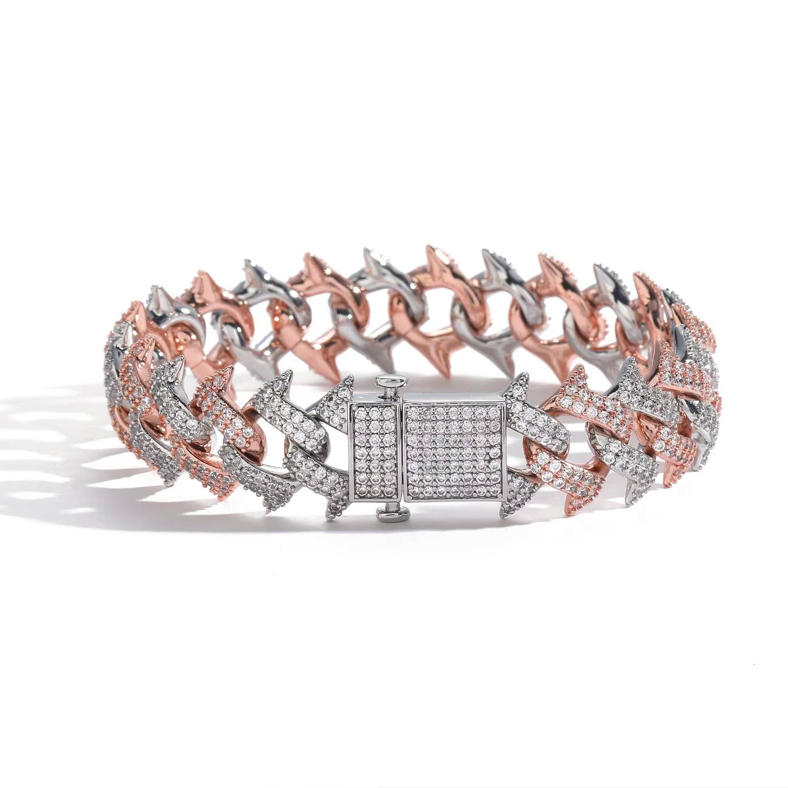 Hip Hop Rap Jewelry 18mm Wide Iced Out CZ Thorns Cuban Bracelet Rhodium and Rose Gold Plated Two Tone Spiked Cuban Link Bracelet
