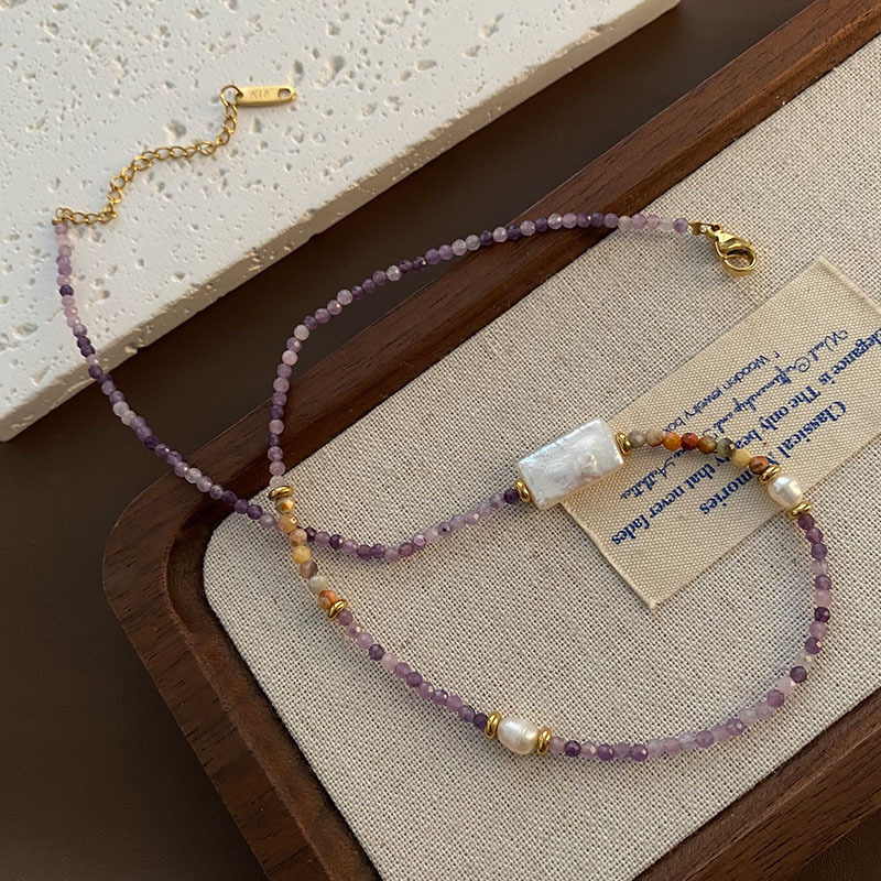 Designer luxury Natural Baroque Beaded Necklace for Women, Unique Ins Style Gold Sun Amethyst, Niche Dopamine Fashion Collarbone Chain