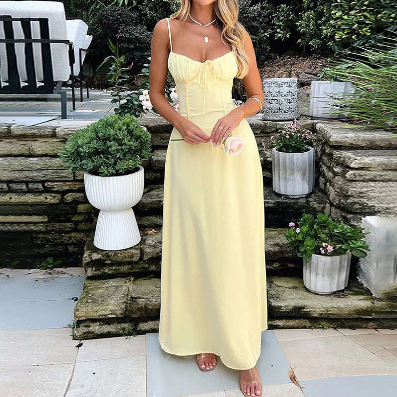 2026 Spring New Collection: Cross-Border European American Foreign Trade Women's Clothing - Elegant and Sexy Solid Color Spliced Strap Long Dress