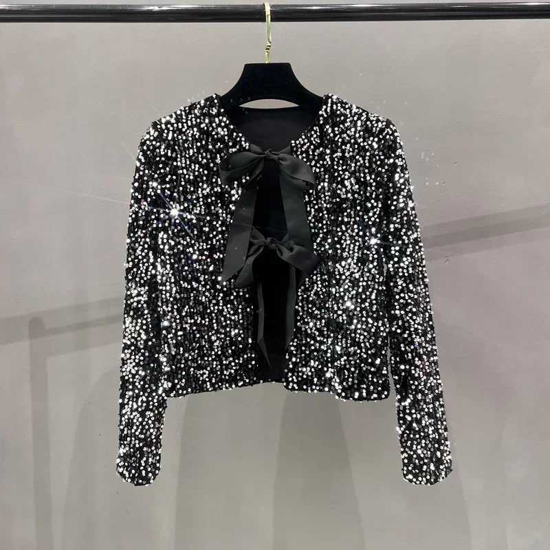 European and American Style Chic Sequined Small Suit Light and Mature Style BINGBING Sequined Lace-up Bow Top JacketT260328