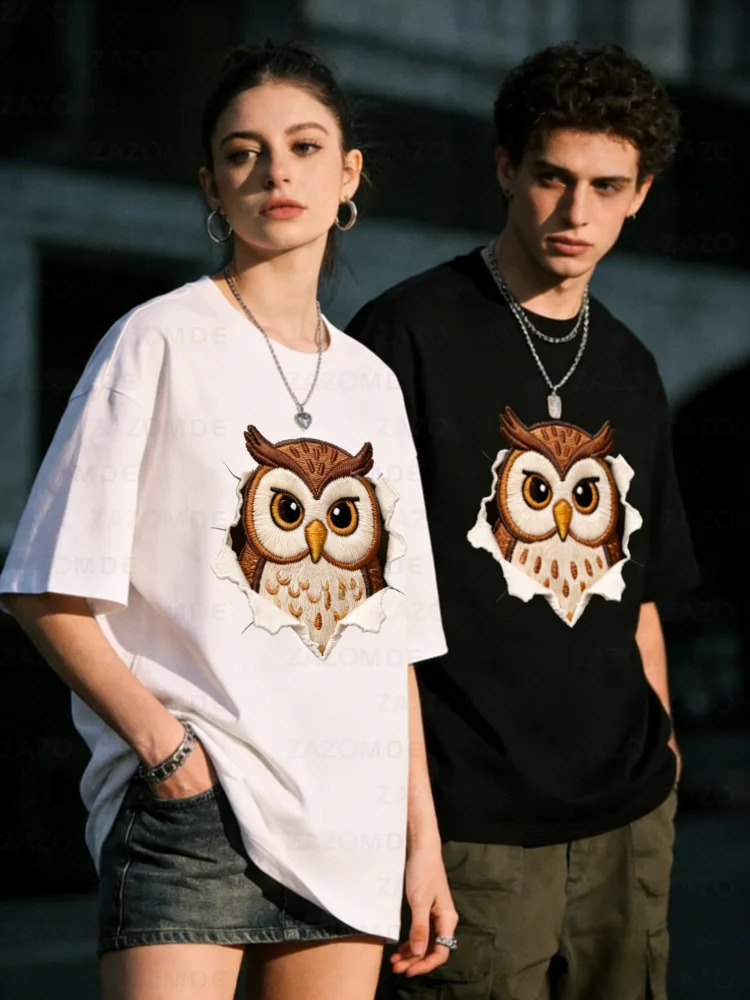 ZAZOMDE Oversized Short Sleeve Cotton Tshirt Owl Graphic Print Men Women High Street Streetwear Loose Fit Casual Daily Wear 260312