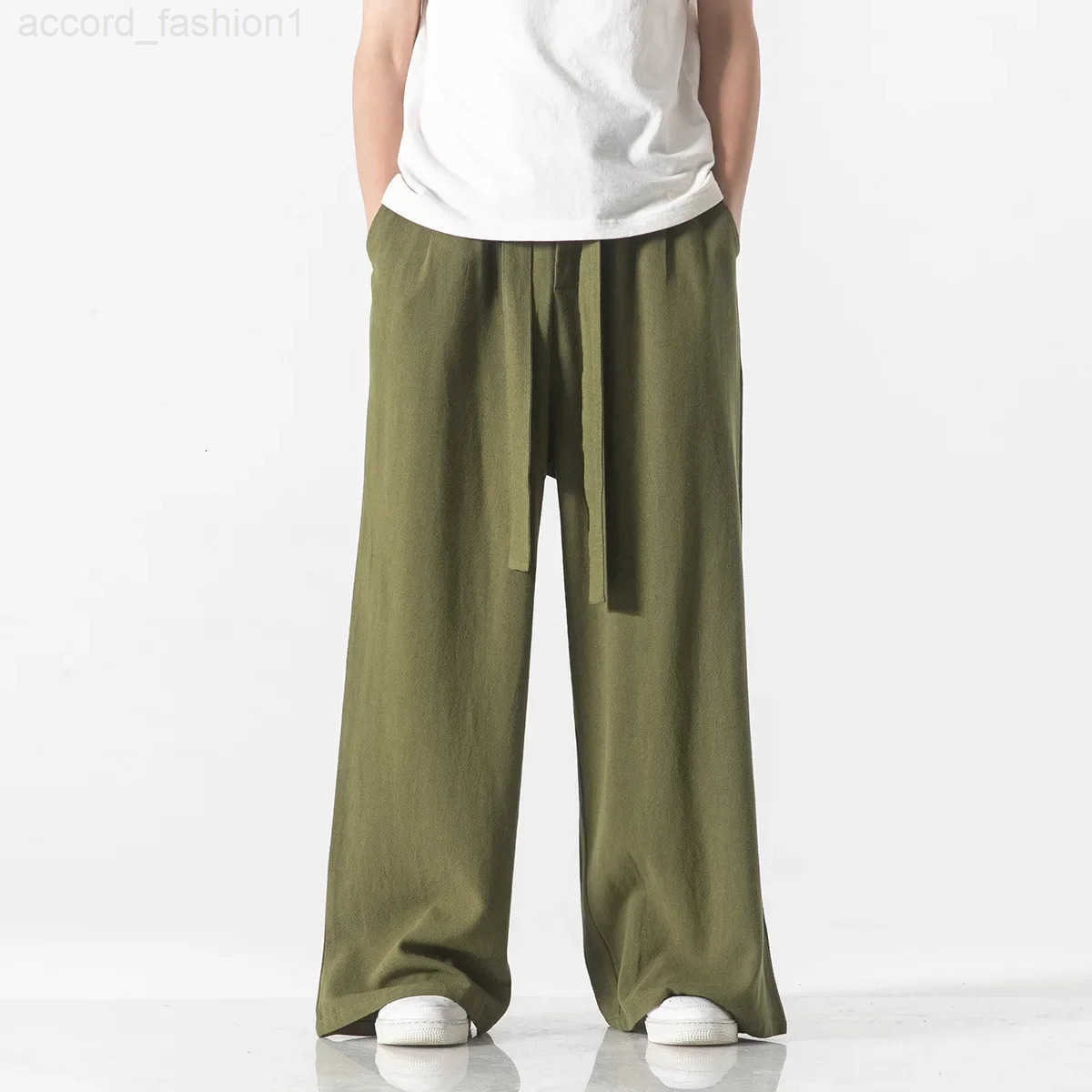 Spring Cotton Linen Pants Men Elastic Waist Casual wide leg Pant Loose Sweatpants Traditional Chinese Trousers pantalons homme H260330