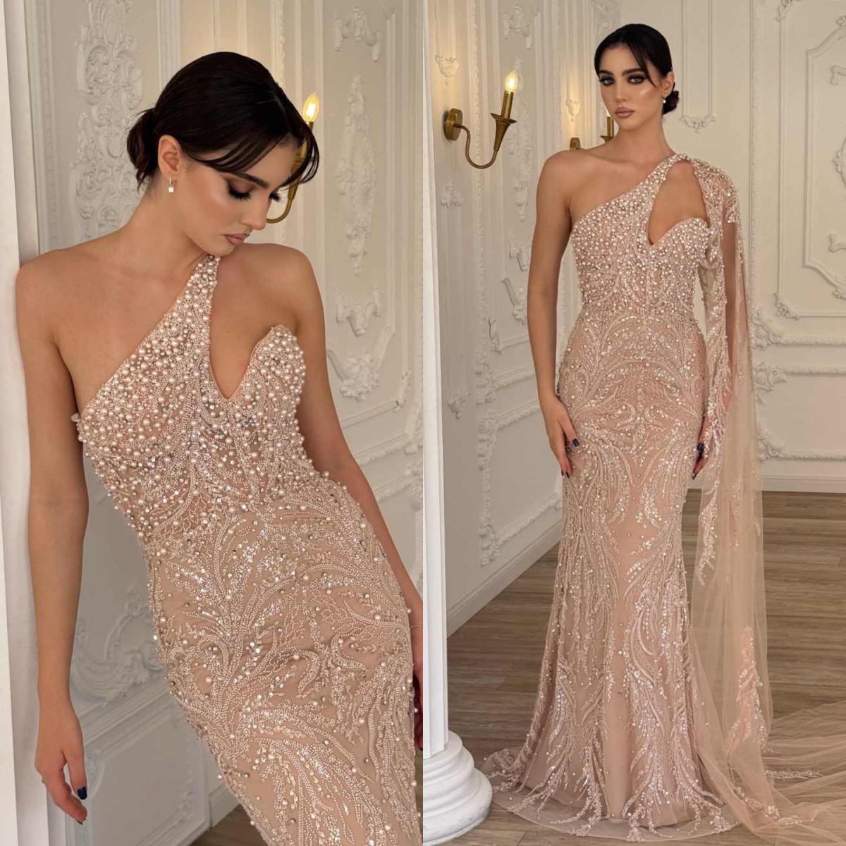 Exquisite Pearls Mermaid Prom Dresses One Shoulder Floor Length Evening Gowns Beaded Dinner Party Customized