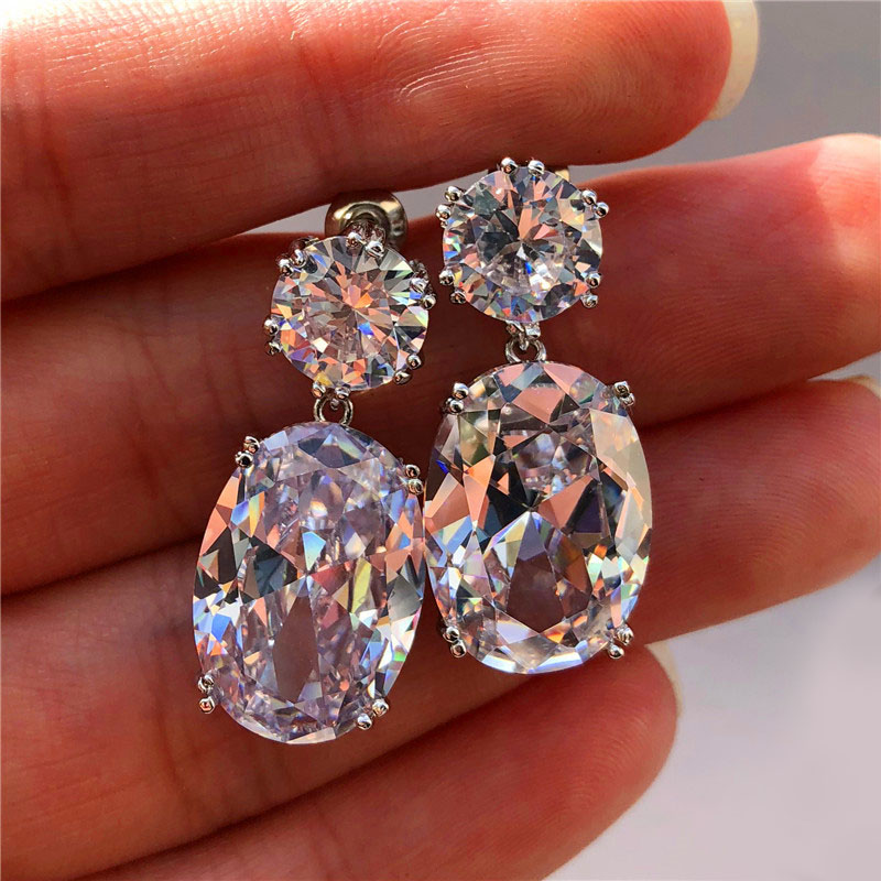 Classical Exquisite 18K White Gold Plated Oval Shape Cubic Zirconia Dangle Earrings for Women Sapphire Crystal Diamond Drop Earrings Stud Earring Jewe