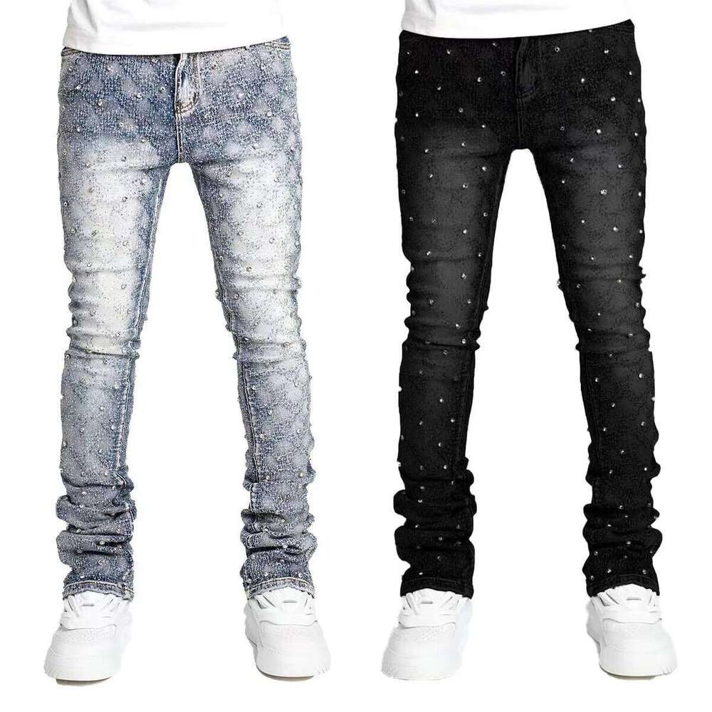 Blue Stretchy Pearls Skinny Jeans For Men New Fashion Rhinestone European Street Personality Stacked Denim Pants 26Y0330
