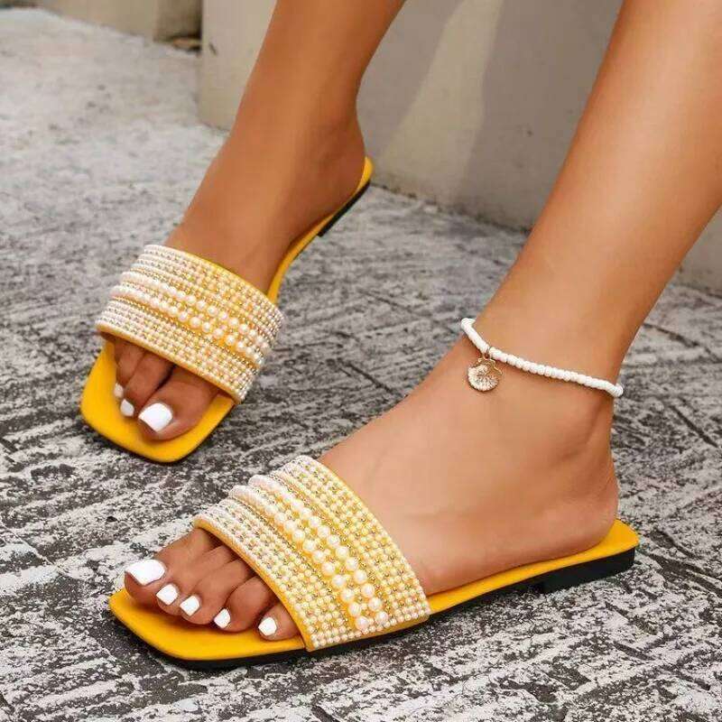 Pearl Decorated Round Headed Flat Bottom Women's Slippers 2025 Summer Casual Simple Versatile Open Toe Comfortable Sandals