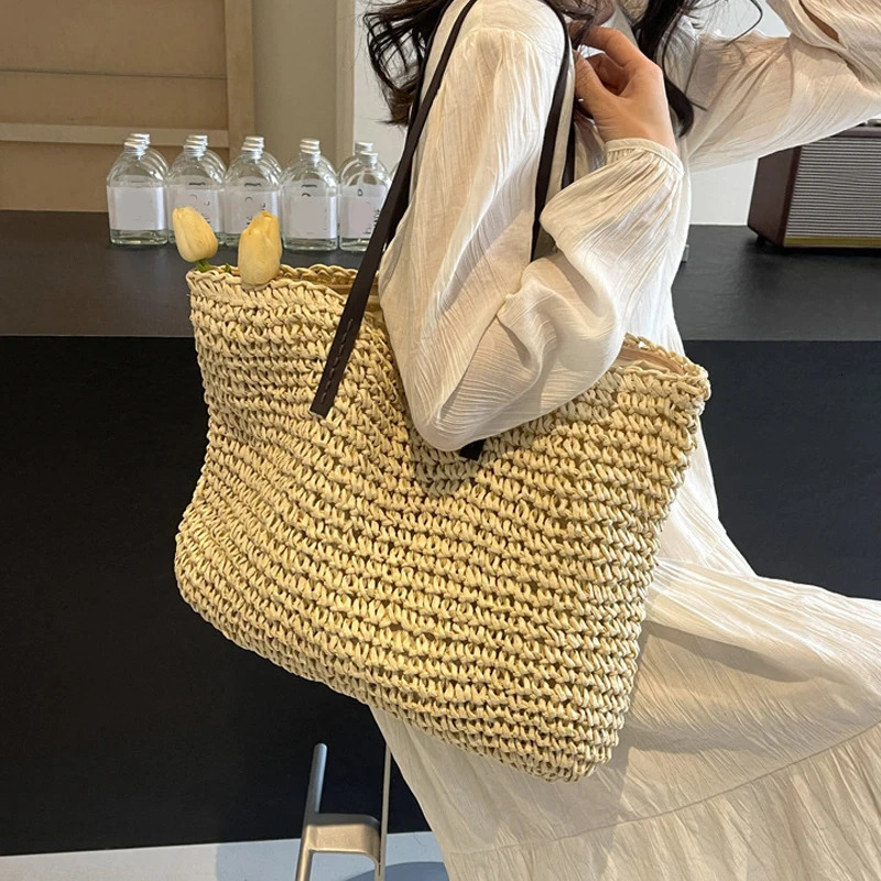 Straw Woven Tote Bags Casual Large Capacity Handbag Beach Shoulder Simple Womens Bag Shopping Summer bolsos260316