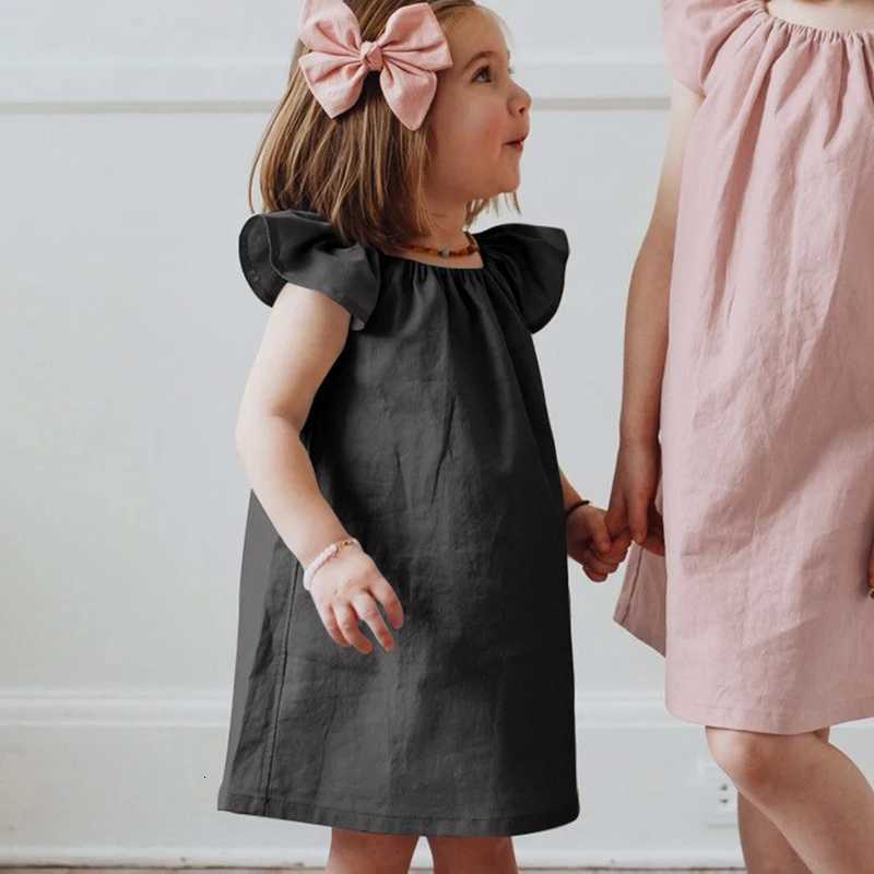 Girls Dresses Summer New Linen Bamboo Fiber Blend Solid Color Cute Little Flying Sleeve Princess Dresses Childrens ClothingT260330