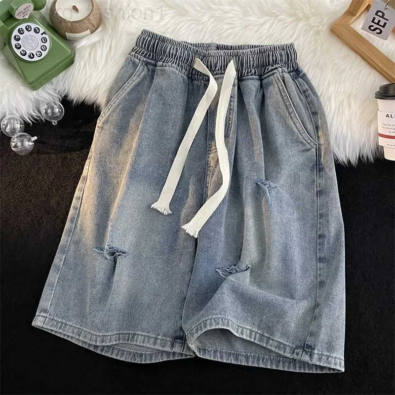 2024 Fashion Summer Mens Korean Style Fashion Hole Five Point Denim Shorts Loose Straight Casual Short Jeans for Men D54 H260330