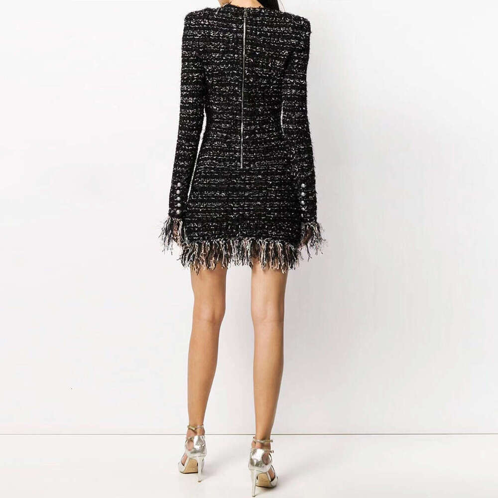 Designer's shiny silk wool A9 tassel long sleeved slim fit short skirt high-quality women's clothing 2026