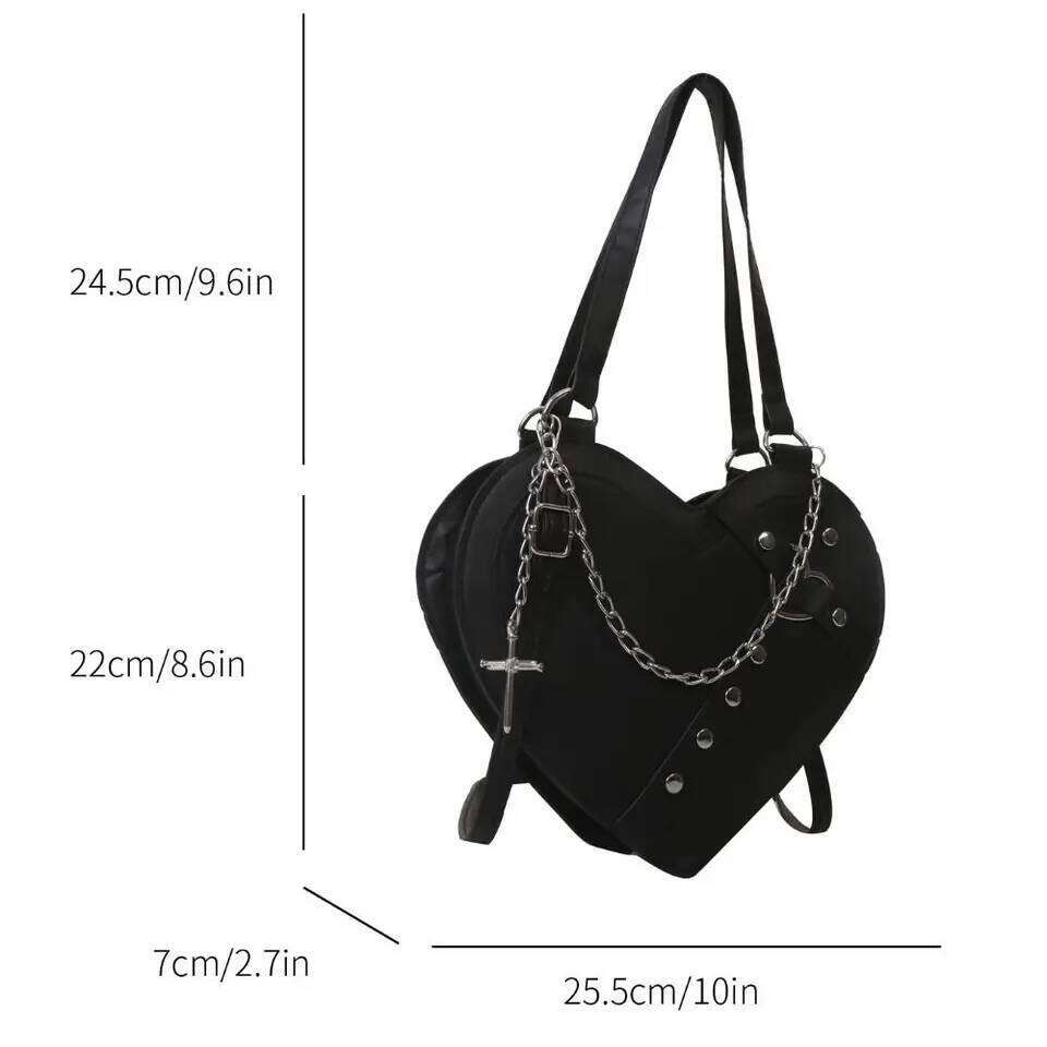 Y K PU Leather Black Shoulder Chain Rivet Large Capacity Gothic Tote Portable Heart Shaped Women Crossbody Bag Girls Liksusie