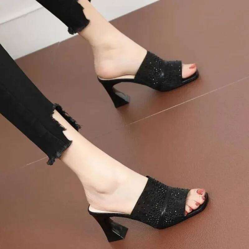 Women's Summer Open Toe Sandals Mesh Rhinestone Strap Chunky Mid Heel Outdoor Slippers