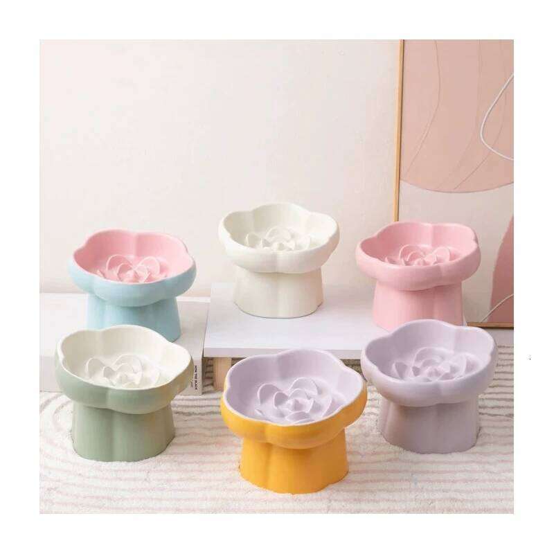 1pc Pet Slow Feeder Tall Ceramic Small Dog Cat Anti-Choking Anti-Spilling Guarded Neck Slanted Bowl 26W0330