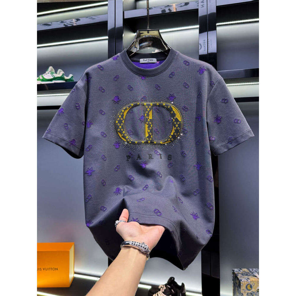 Men's American-style light luxury jacquard full-print round-neck short-sleeve T-shirt, trendy brand luxury new summer European style with rhinest