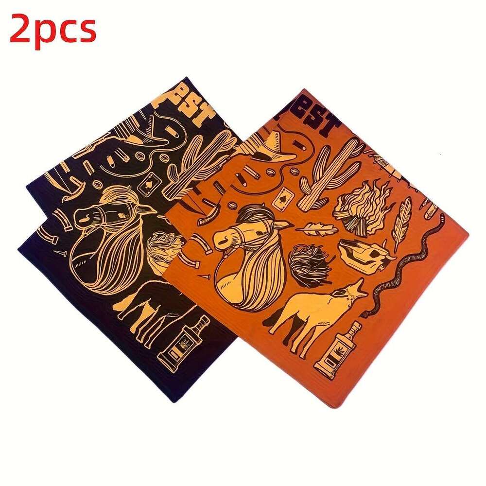 Set Of 2 Men's Bandanas Featuring A Cowboy Skull Design Lightweight Square Scarves Ideal Outdoor Motorcycle Riding Halloween. These Orange Liuyue