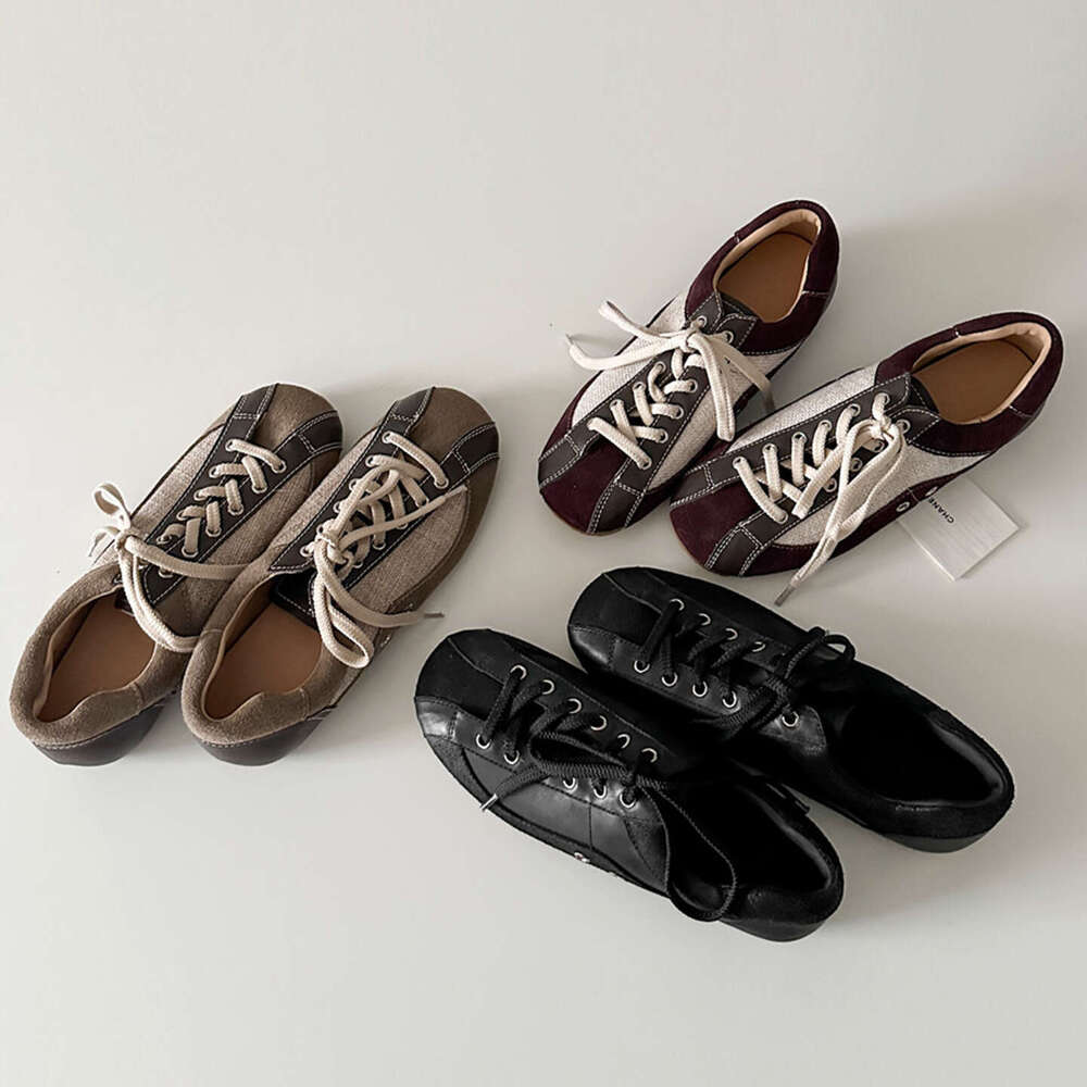 Sheepskin Version Retro Color Block Round Toe Flat Sole German Training Shoes Versatile Lace-up Forrest Gump Women's Sneakers Casual Sports Shoes